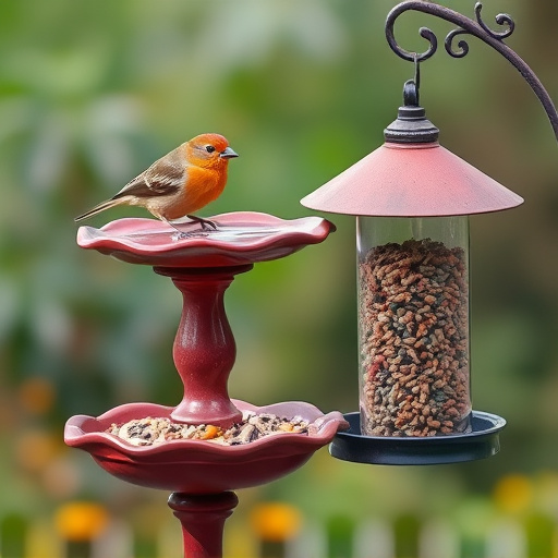 Birdbath beside feeder with seed mix