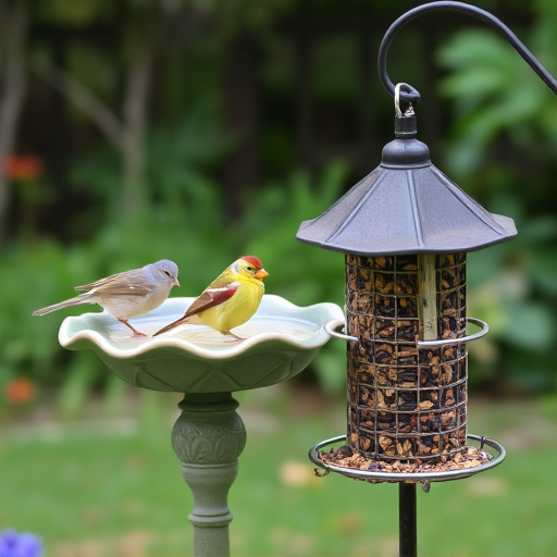 Birdbath beside feeder with seed mix
