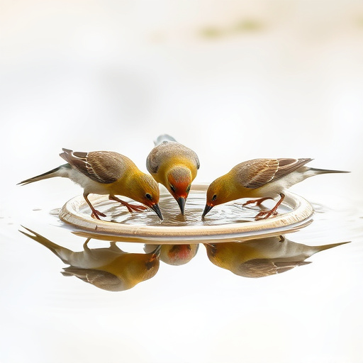 Birds drinking from clean bird bath