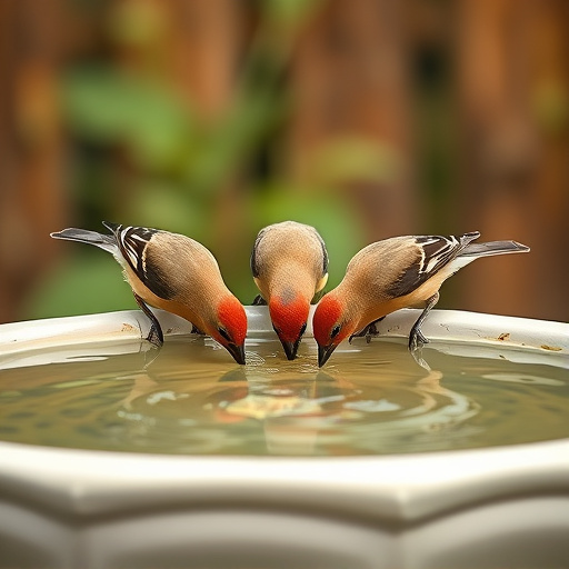 Birds drinking from clean bird bath