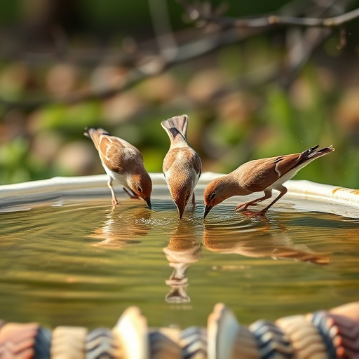 Birds drinking from clean bird bath
