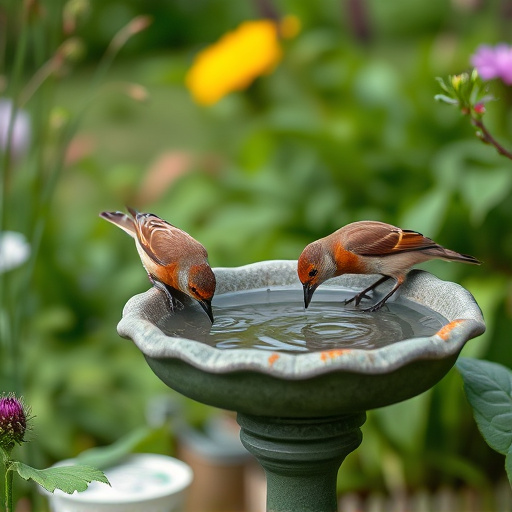 Birds drinking from garden water dish
