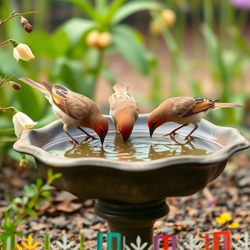 Birds drinking from garden water dish