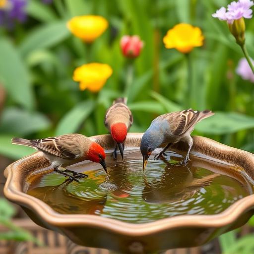 Birds drinking from garden water dish