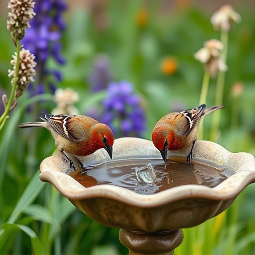 Birds drinking from garden water dish