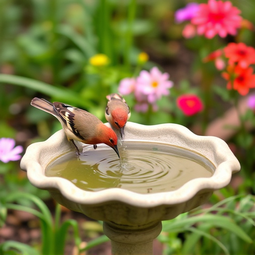 Birds drinking from garden water dish