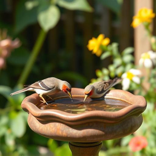 Birds drinking from garden water dish