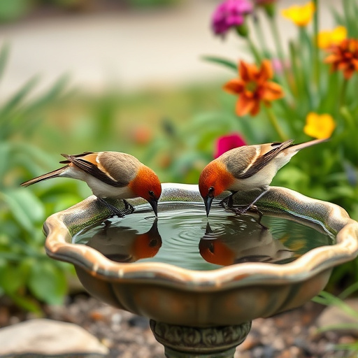 Birds drinking from garden water dish