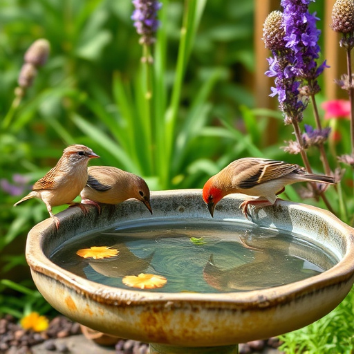 Birds drinking from garden water dish