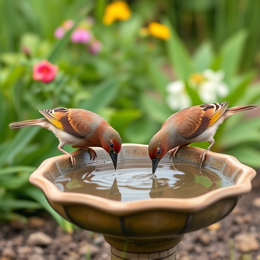 Birds drinking from garden water dish