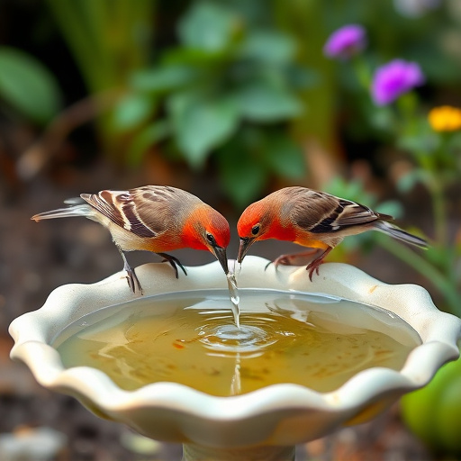 Birds drinking from garden water dish