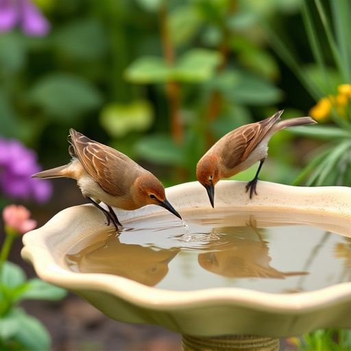 Birds drinking from garden water dish