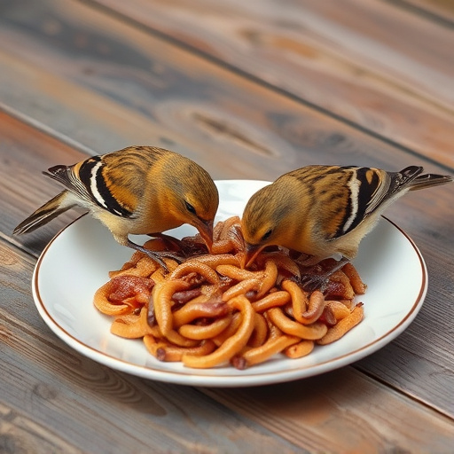 Birds eating mealworms on plate