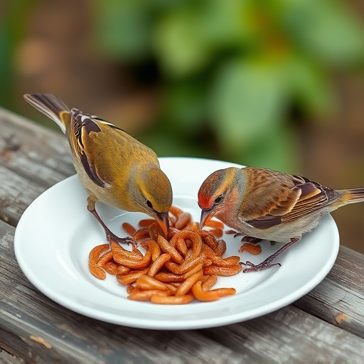 Birds eating mealworms on plate