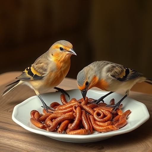 Birds eating mealworms on plate