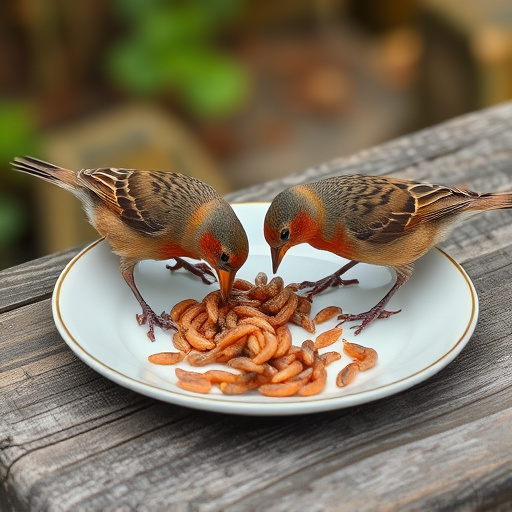 Birds eating mealworms on plate