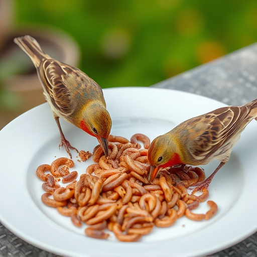 Birds eating mealworms on plate