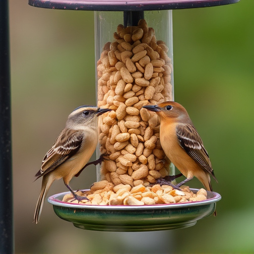 Birds eating peanuts from feeder