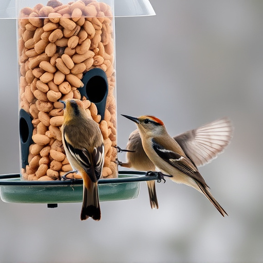 Birds eating peanuts from feeder