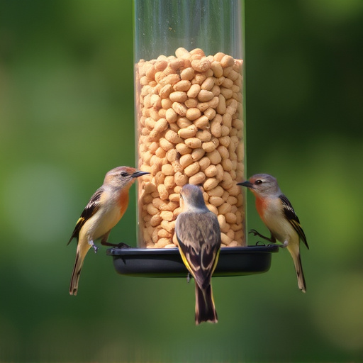 Birds eating peanuts from feeder