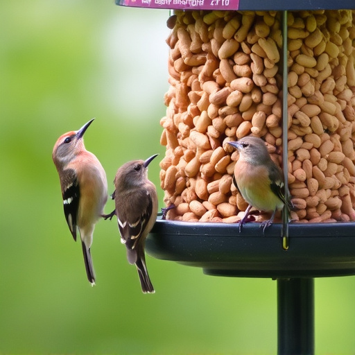 Birds eating peanuts from feeder