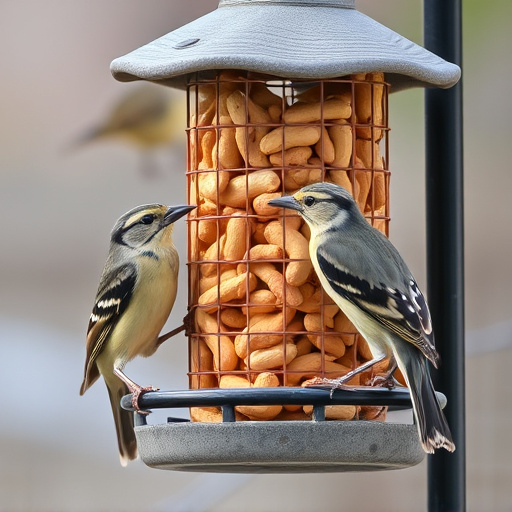 Birds eating peanuts from feeder