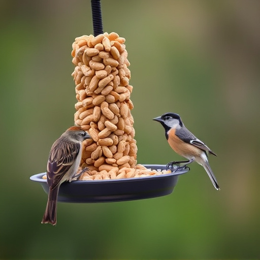 Birds eating peanuts from feeder