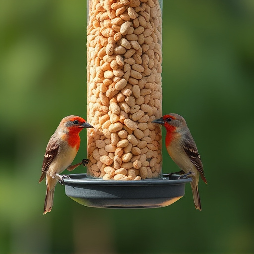 Birds eating peanuts from feeder