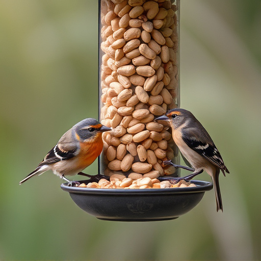 Birds eating peanuts from feeder