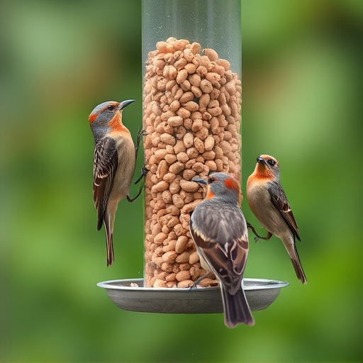 Birds eating peanuts from feeder