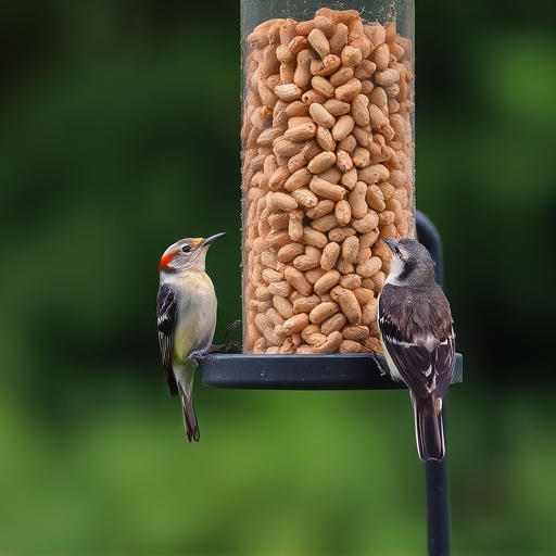 Birds eating peanuts from feeder