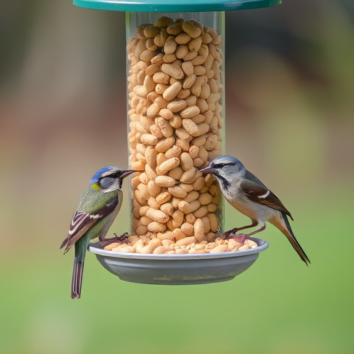 Birds eating peanuts from feeder