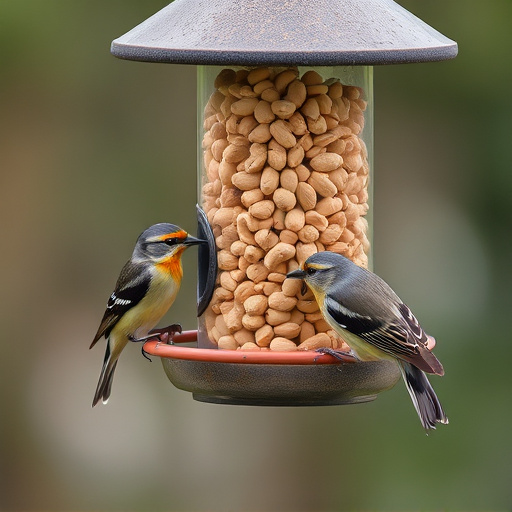 Birds eating peanuts from feeder