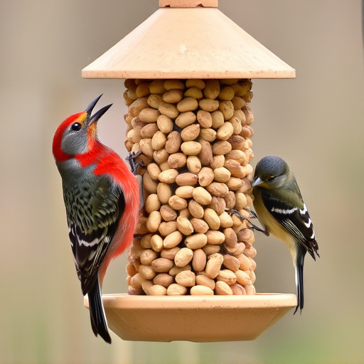 Birds eating peanuts from feeder