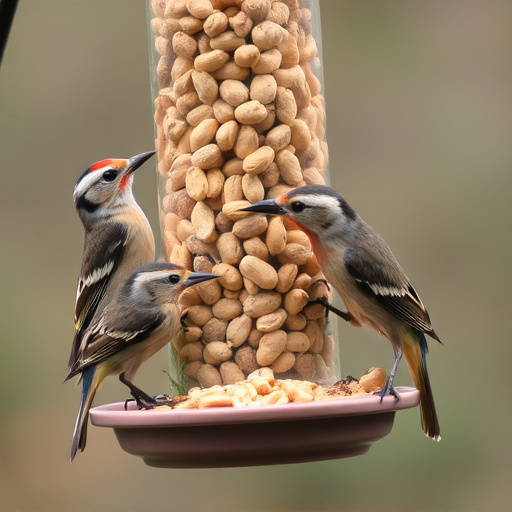 Birds eating peanuts from feeder