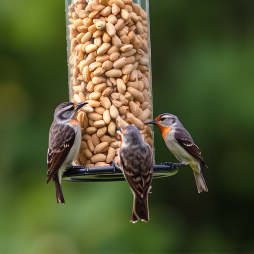 Birds eating peanuts from feeder