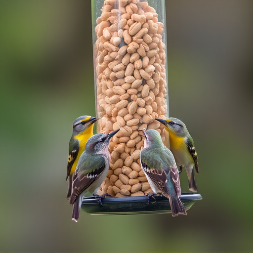Birds eating peanuts from feeder