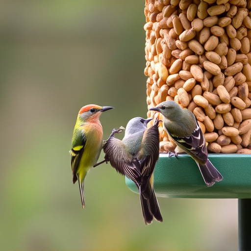 Birds eating peanuts from feeder