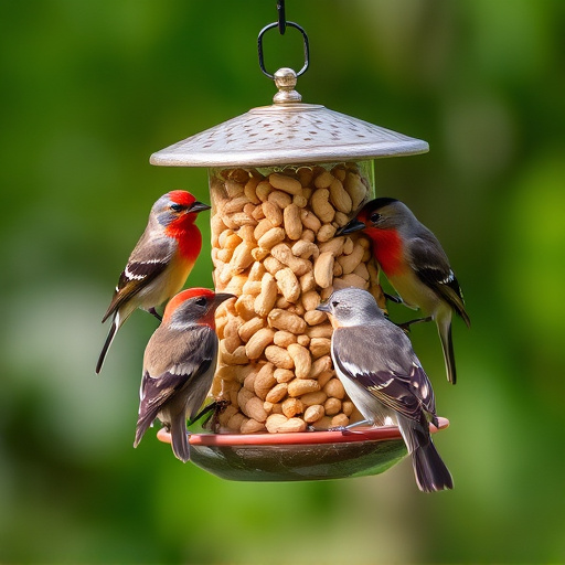 Birds eating peanuts from feeder