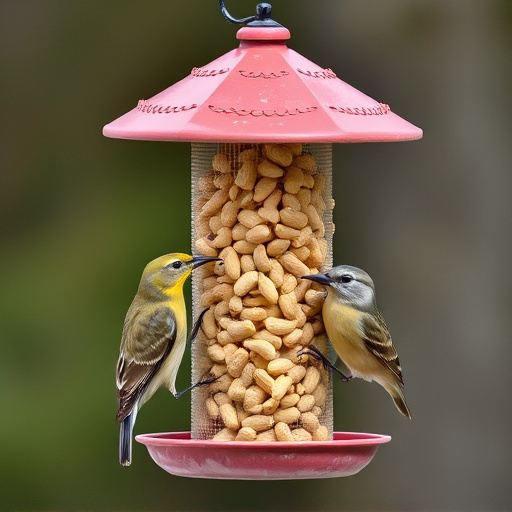 Birds eating peanuts from feeder