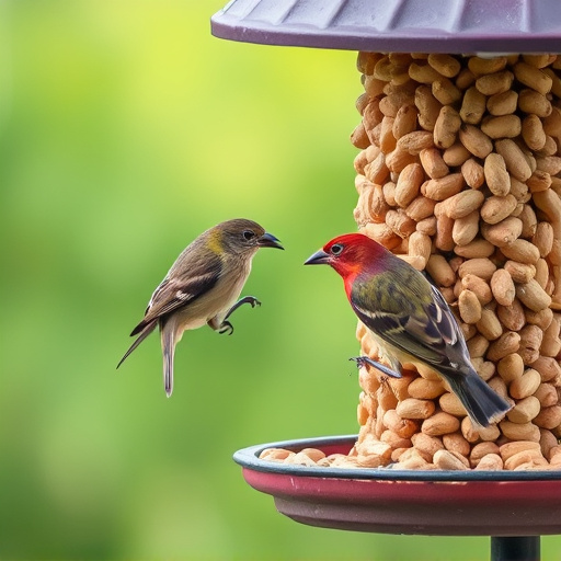 Birds eating peanuts from feeder