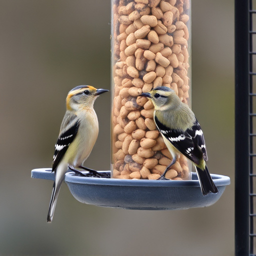 Birds eating peanuts from feeder