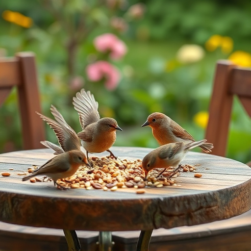 Birds eating seeds from garden table