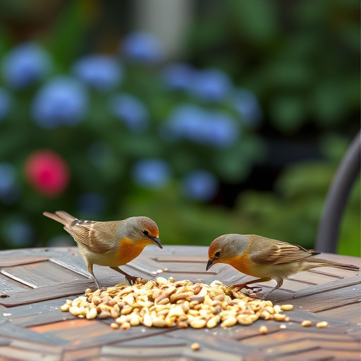 Birds eating seeds from garden table