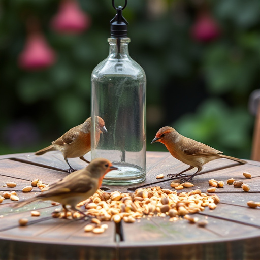 Birds eating seeds from garden table
