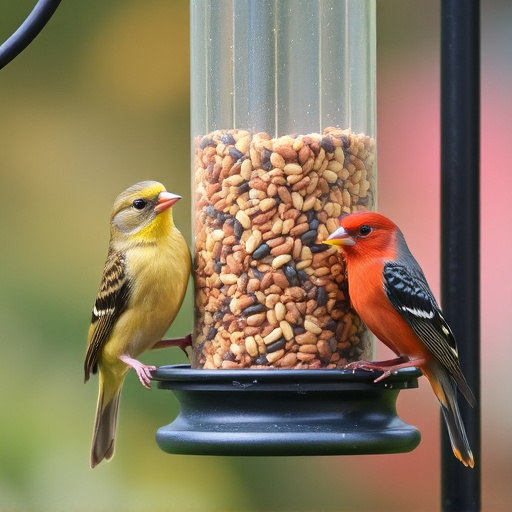 Birds eating tidy feeder seed blend