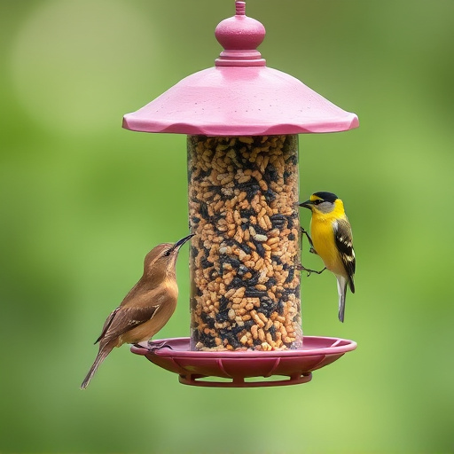 Birds eating tidy feeder seed blend