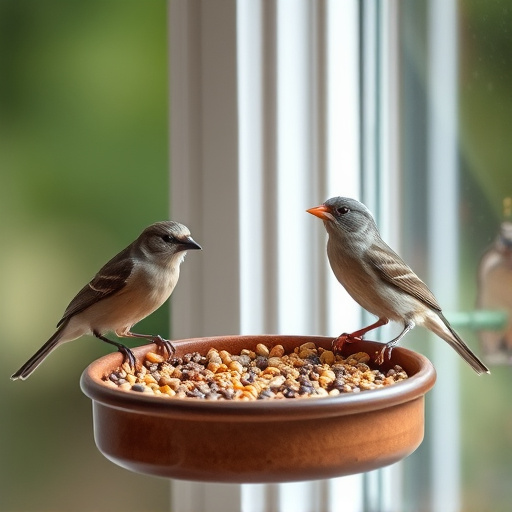 Birds enjoying seeds by window feeder