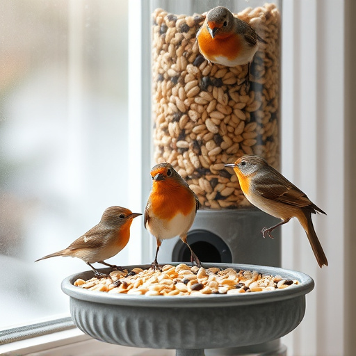 Birds enjoying seeds by window feeder