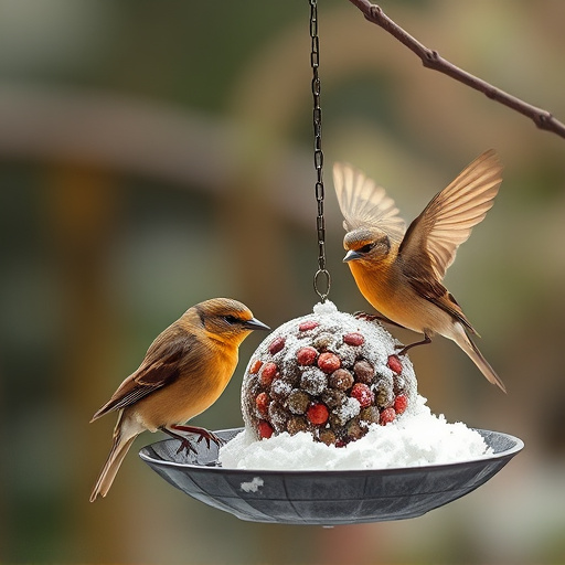 Birds enjoying suet balls outdoors